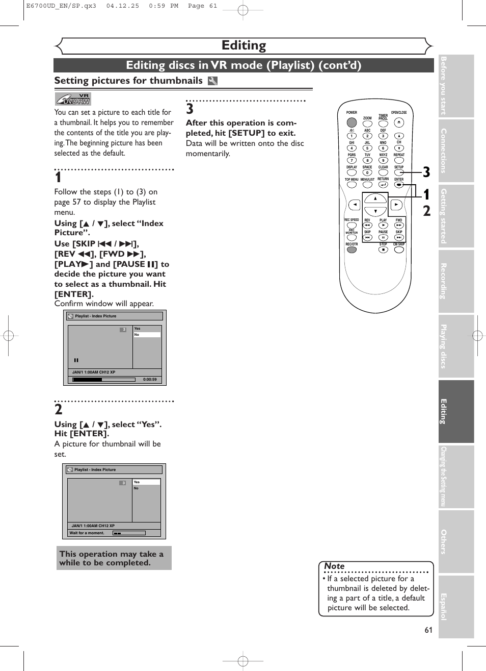 Editing, Editing discs in vr mode (playlist) (cont’d), Setting pictures for thumbnails | Sylvania DVR90DF User Manual | Page 63 / 82
