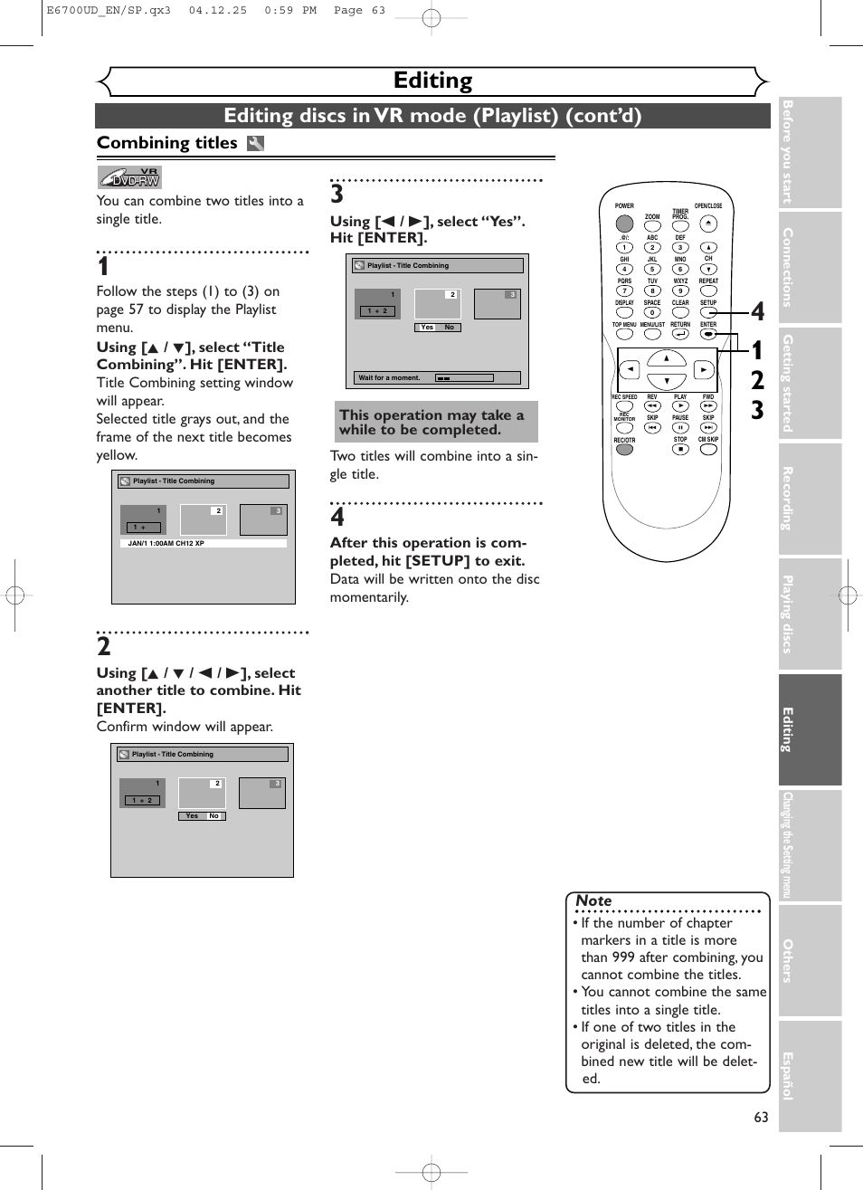 Editing, Editing discs in vr mode (playlist) (cont’d), Combining titles | You can combine two titles into a single title | Sylvania DVR90DF User Manual | Page 65 / 82