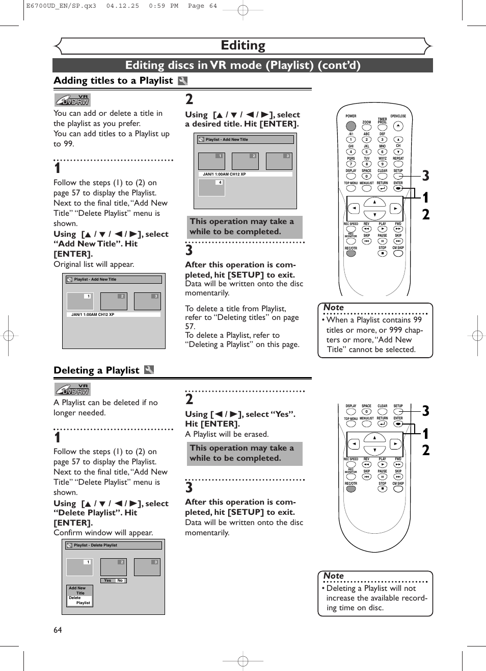 Editing, Editing discs in vr mode (playlist) (cont’d), Adding titles to a playlist | Deleting a playlist | Sylvania DVR90DF User Manual | Page 66 / 82