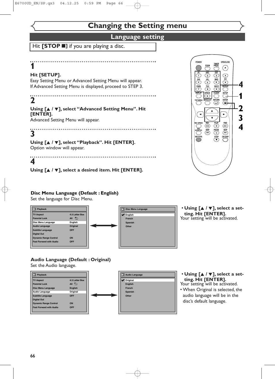 Changing the setting menu, Language setting, Hit [stop | If you are playing a disc | Sylvania DVR90DF User Manual | Page 68 / 82