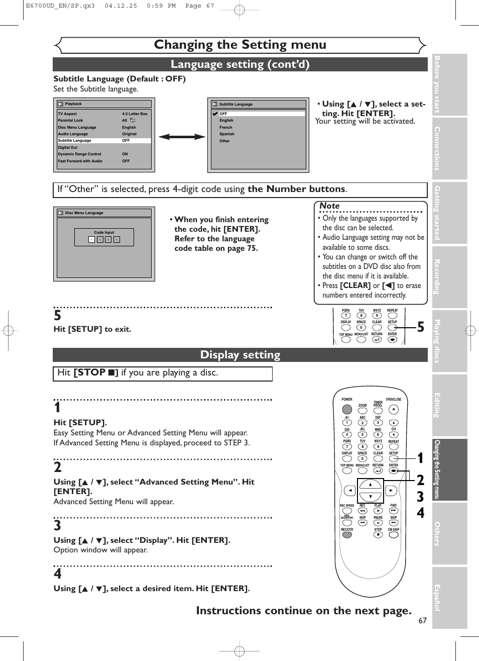 Changing the setting menu, Language setting (cont’d), Display setting | Instructions continue on the next page, Hit [stop, If you are playing a disc, Hit [setup] to exit, Using [ k / l ], select a desired item. hit [enter | Sylvania DVR90DF User Manual | Page 69 / 82
