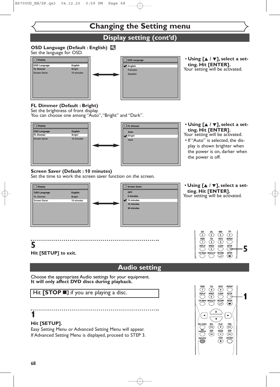 Changing the setting menu, Display setting (cont’d), Audio setting | Hit [stop, If you are playing a disc, Hit [setup] to exit. 68 | Sylvania DVR90DF User Manual | Page 70 / 82