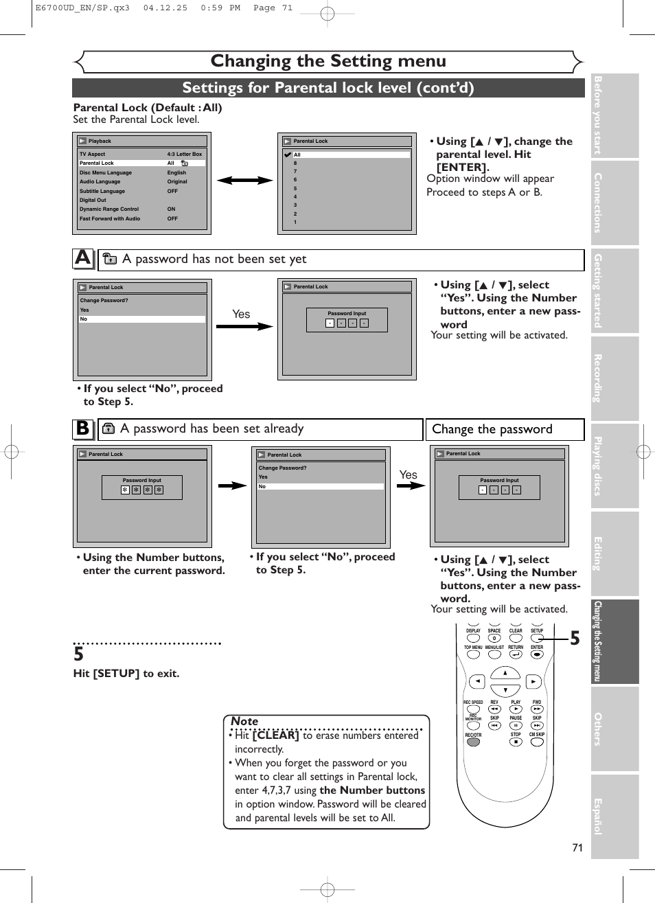 Changing the setting menu, Settings for parental lock level (cont’d), A password has not been set yet | A password has been set already, Change the password, Hit [setup] to exit | Sylvania DVR90DF User Manual | Page 73 / 82