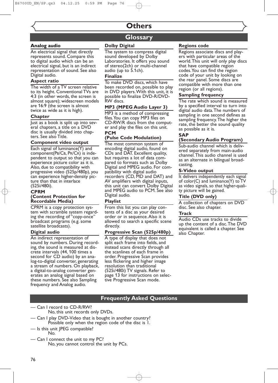 Others, Glossary, Frequently asked questions | Sylvania DVR90DF User Manual | Page 78 / 82