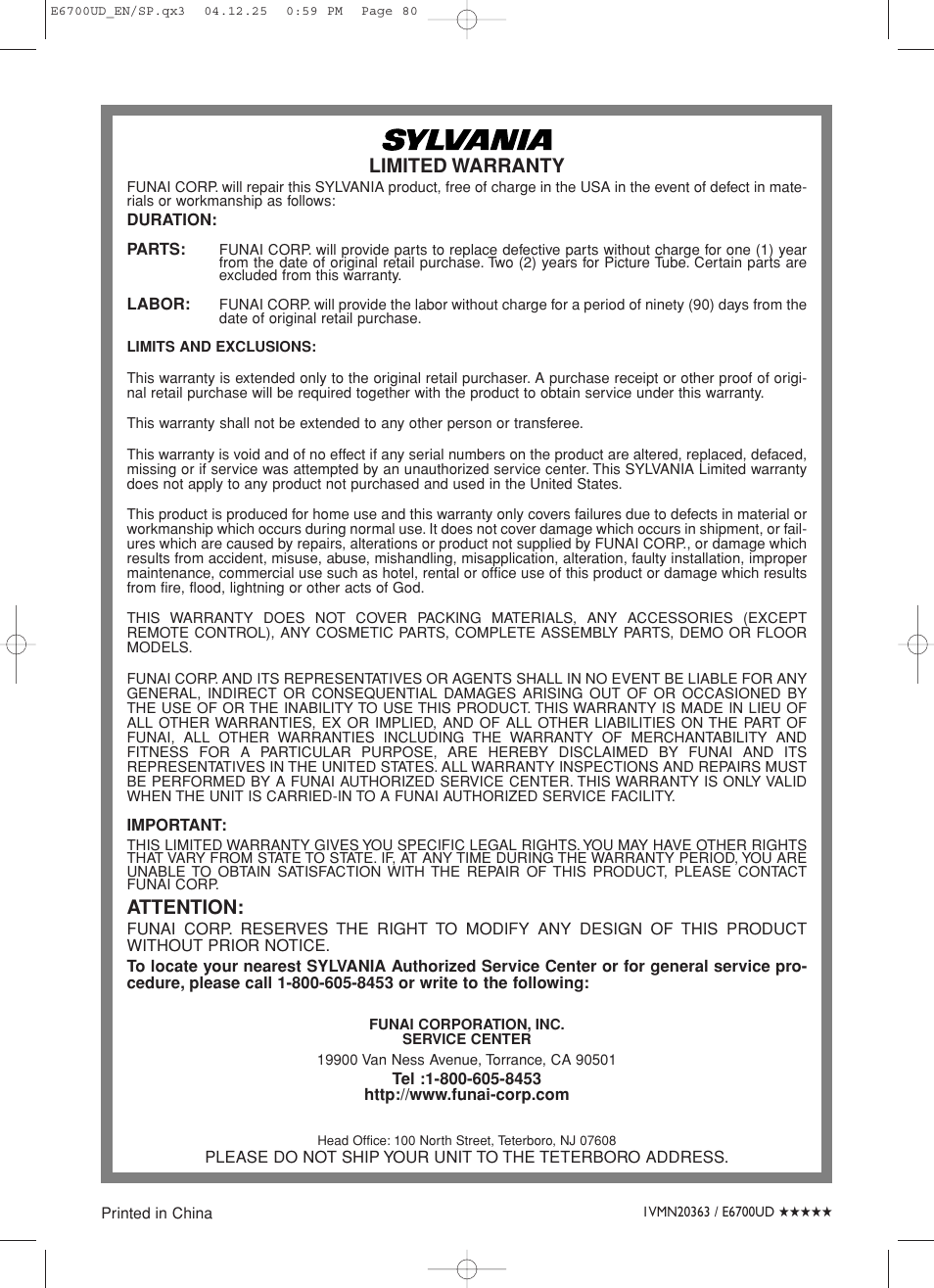 Limited warranty, Attention | Sylvania DVR90DF User Manual | Page 82 / 82