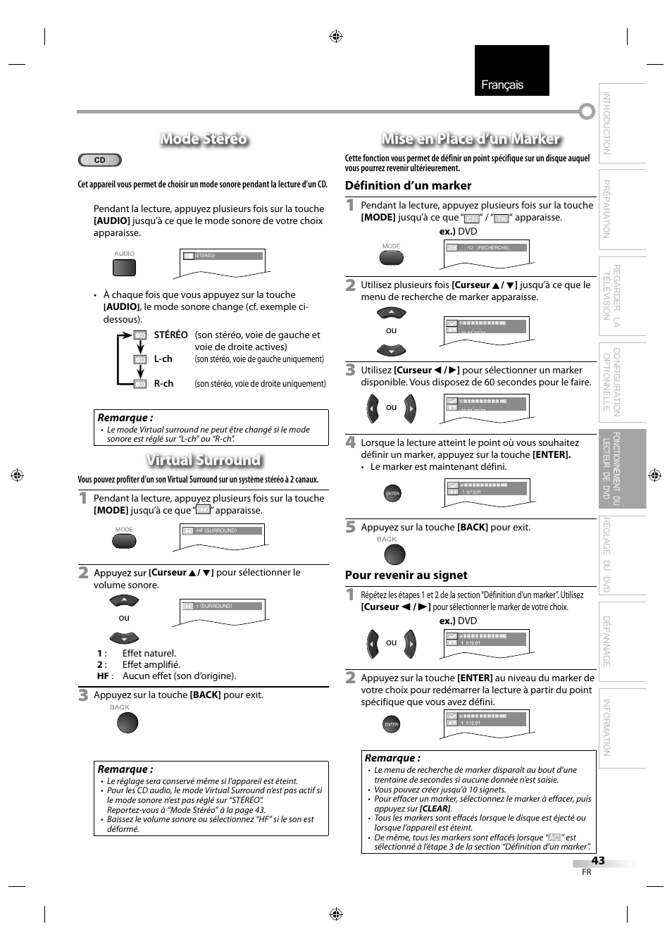 Français, Mode stéréo, Virtual surround | Mise en place d’un marker | Sylvania LD320SS1 User Manual | Page 100 / 166