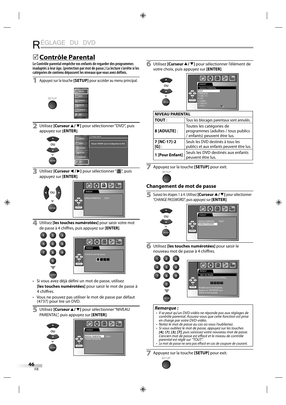 Églage du dvd, Contrôle parental, Changement de mot de passe | Remarque | Sylvania LD320SS1 User Manual | Page 103 / 166