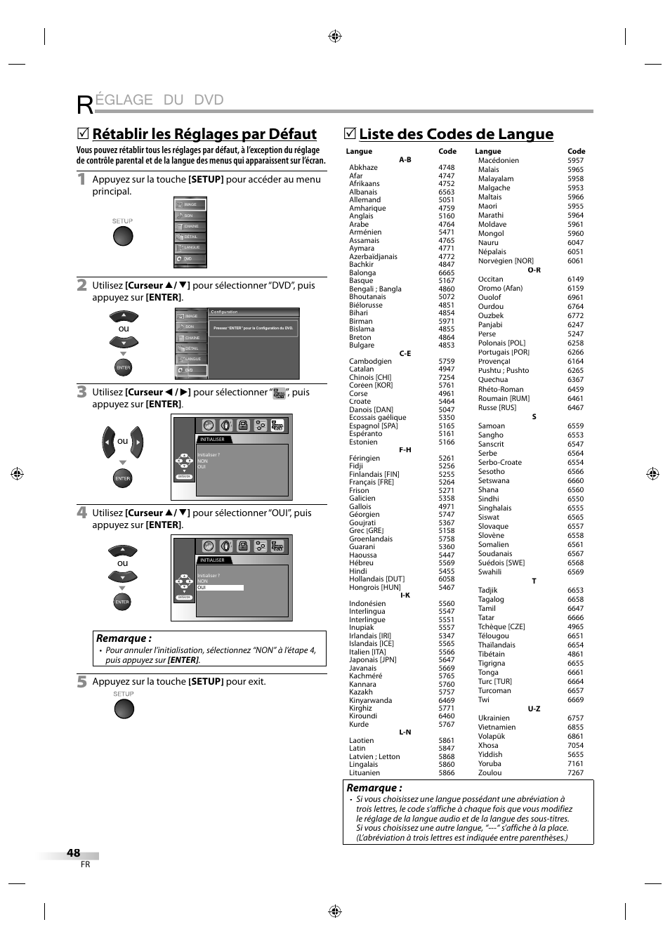 Églage du dvd, Liste des codes de langue g, Rétablir les réglages par défaut g g p | Remarque | Sylvania LD320SS1 User Manual | Page 105 / 166
