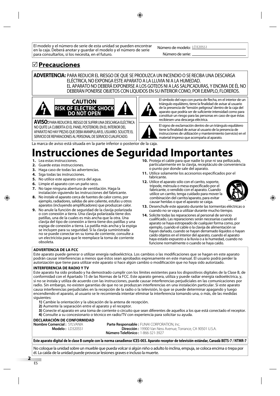 Instrucciones de seguridad importantes, Precauciones, Aviso | Caution risk of electric shock do not open, Advertencia | Sylvania LD320SS1 User Manual | Page 114 / 166