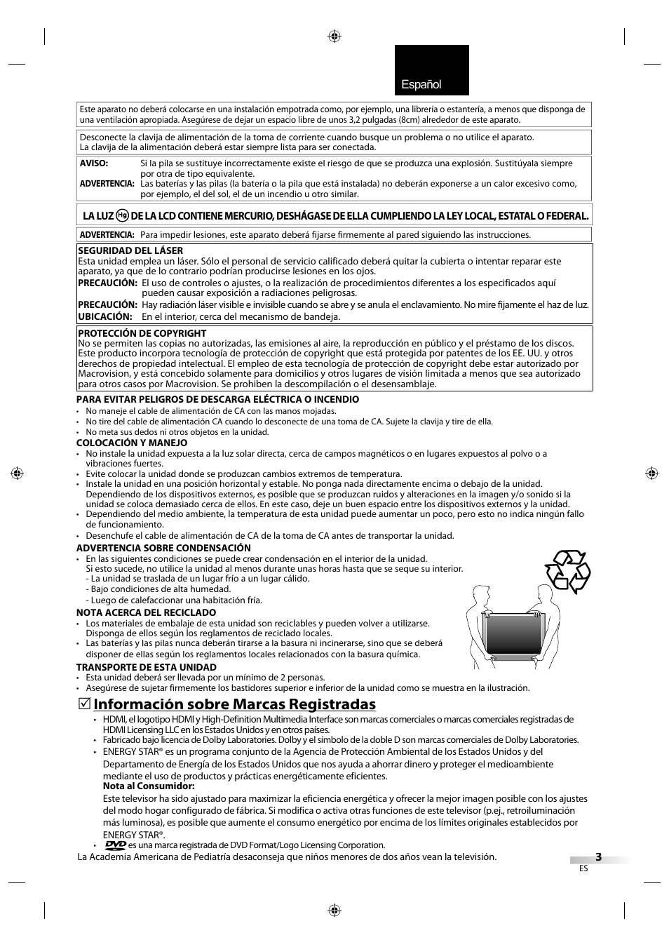English español français, Información sobre marcas registradas g | Sylvania LD320SS1 User Manual | Page 115 / 166