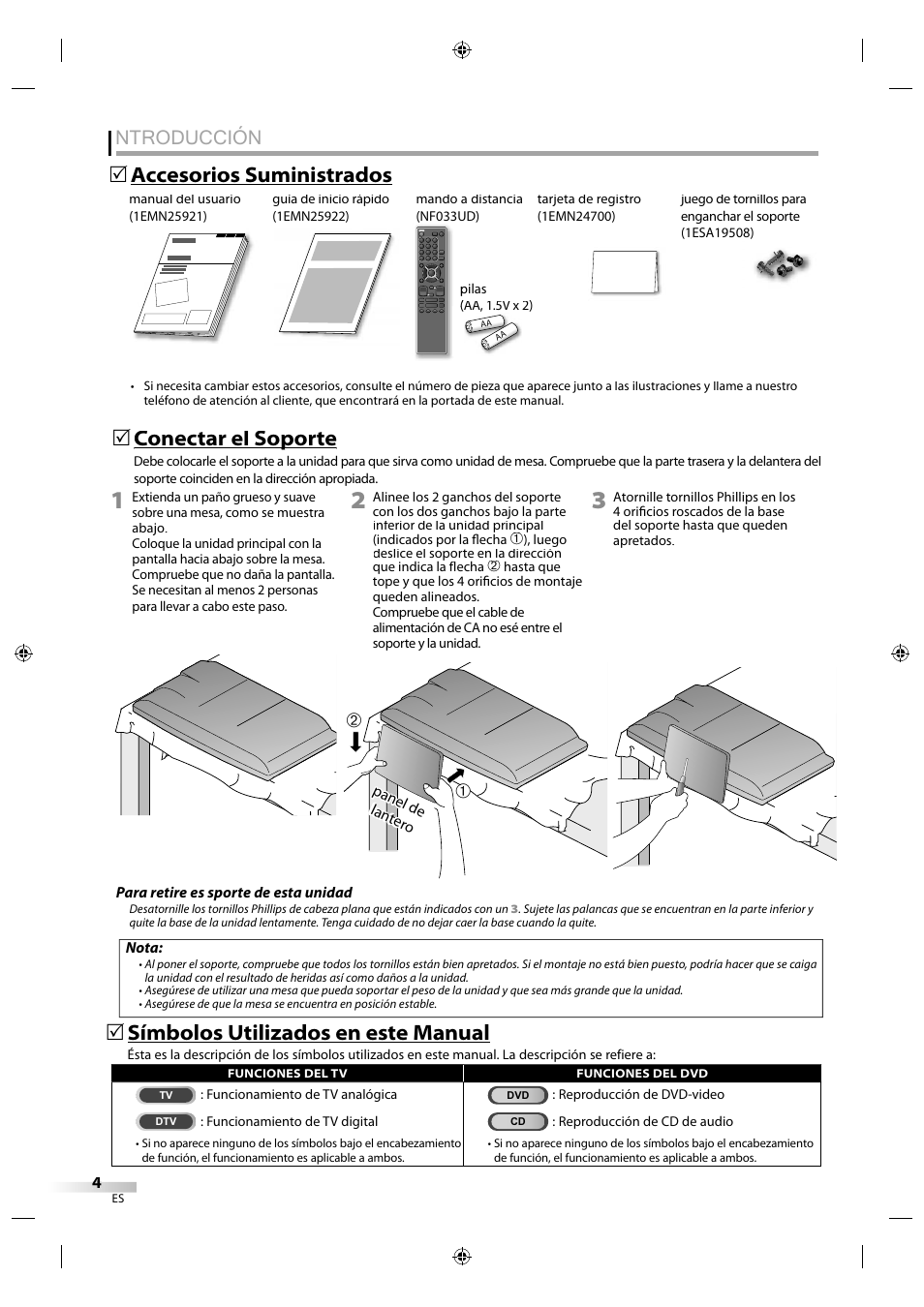 Ntroducción, Conectar el soporte p, Accesorios suministrados | Símbolos utilizados en este manual | Sylvania LD320SS1 User Manual | Page 116 / 166