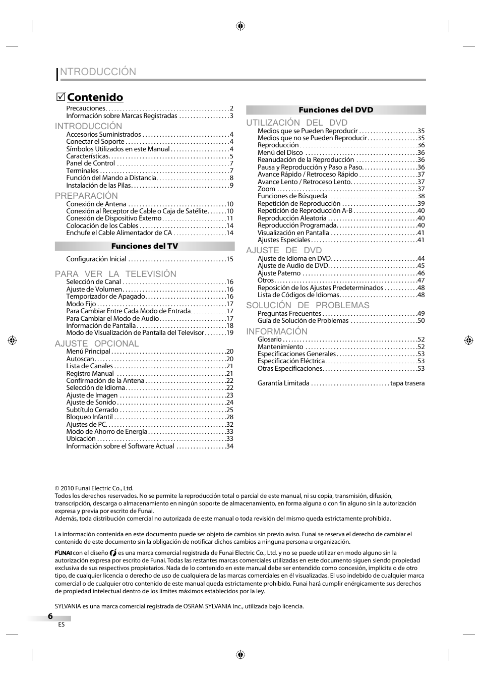 Ntroducción, Introducción, Preparación | Para ver la televisión, Ajuste opcional, Utilización del dvd, Ajuste de dvd, Solución de problemas, Información | Sylvania LD320SS1 User Manual | Page 118 / 166