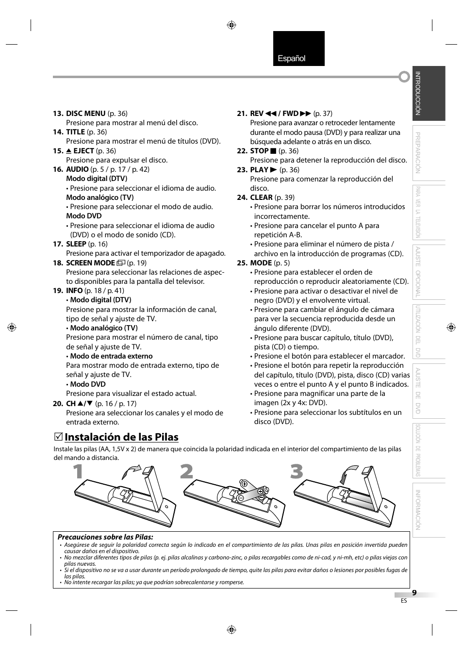 English español français, Instalación de las pilas | Sylvania LD320SS1 User Manual | Page 121 / 166