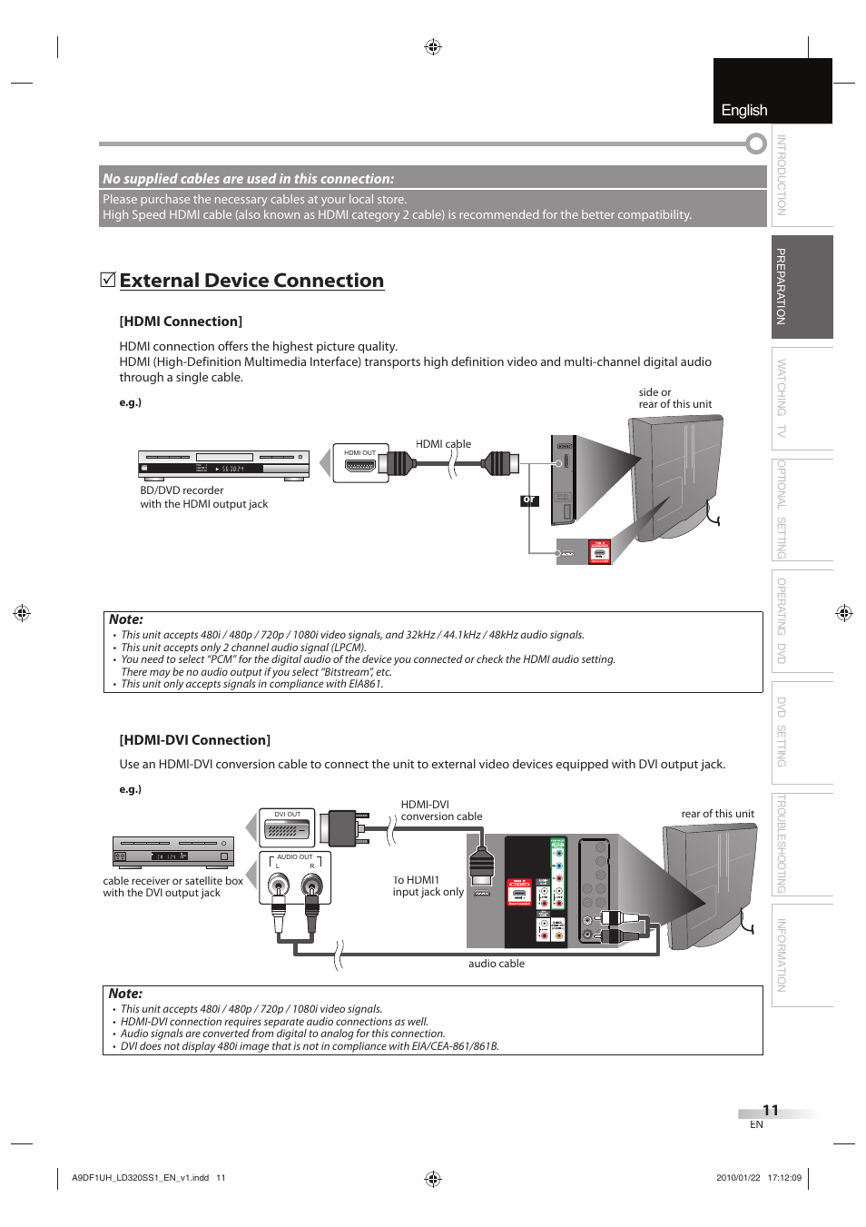 English español français, External device connection | Sylvania LD320SS1 User Manual | Page 13 / 166