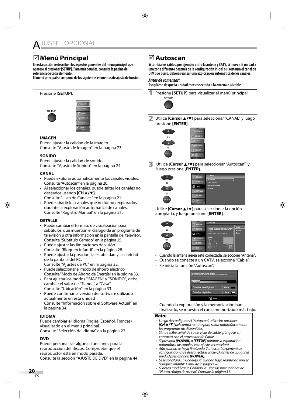 Juste opcional, Menú principal p, Autoscan | Antes de comenzar, Nota | Sylvania LD320SS1 User Manual | Page 132 / 166
