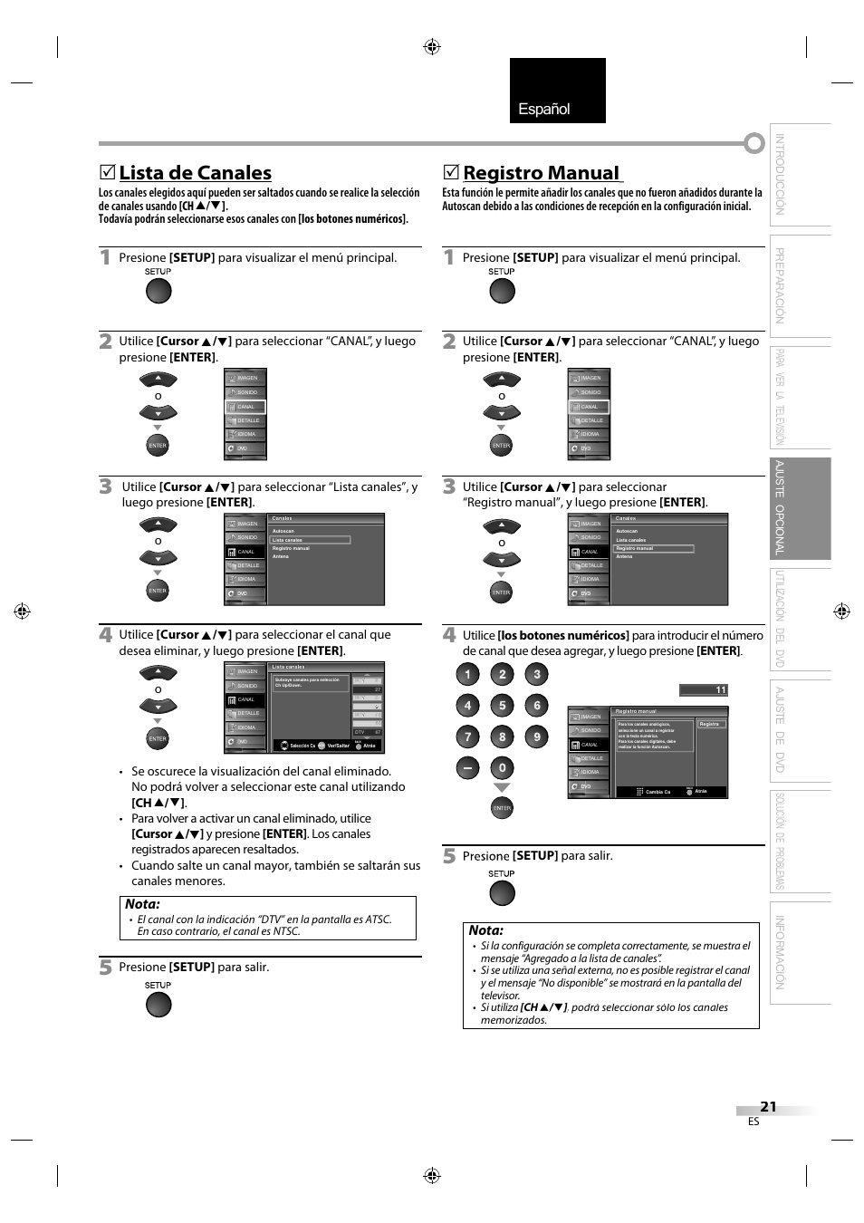 English español français, Lista de canales, Registro manual g | Nota | Sylvania LD320SS1 User Manual | Page 133 / 166