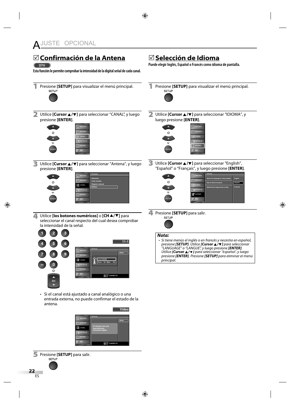 Juste opcional, Confirmación de la antena, Selección de idioma | Nota | Sylvania LD320SS1 User Manual | Page 134 / 166