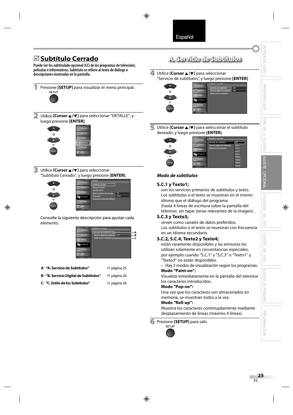 English español français, Subtítulo cerrado, A. servicio de subtítulos | Modo de subtítulos s.c.1 y texto1, S.c.3 y texto3, S.c.2, s.c.4, texto2 y texto4 | Sylvania LD320SS1 User Manual | Page 137 / 166