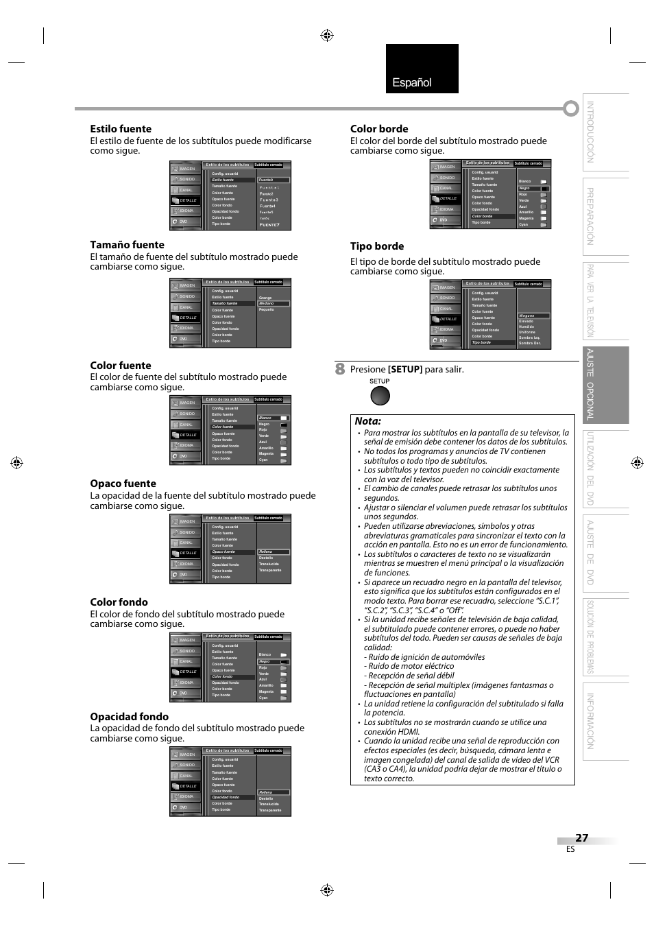 English español français, Estilo fuente, Tamaño fuente | Color fuente, Opaco fuente, Color fondo, Opacidad fondo, Color borde, Tipo borde, Nota | Sylvania LD320SS1 User Manual | Page 139 / 166