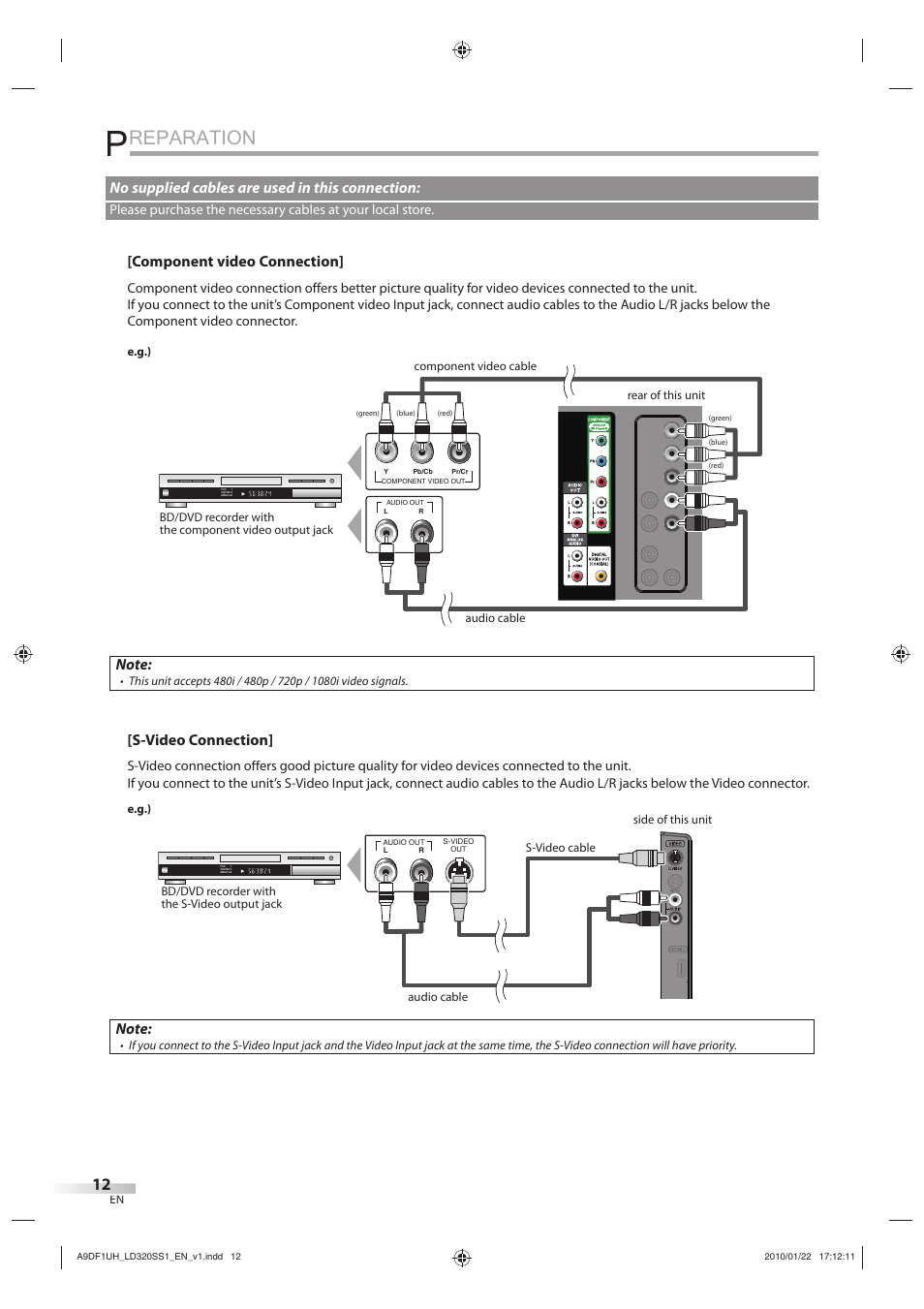 Reparation, Component video connection, S-video connection | No supplied cables are used in this connection | Sylvania LD320SS1 User Manual | Page 14 / 166