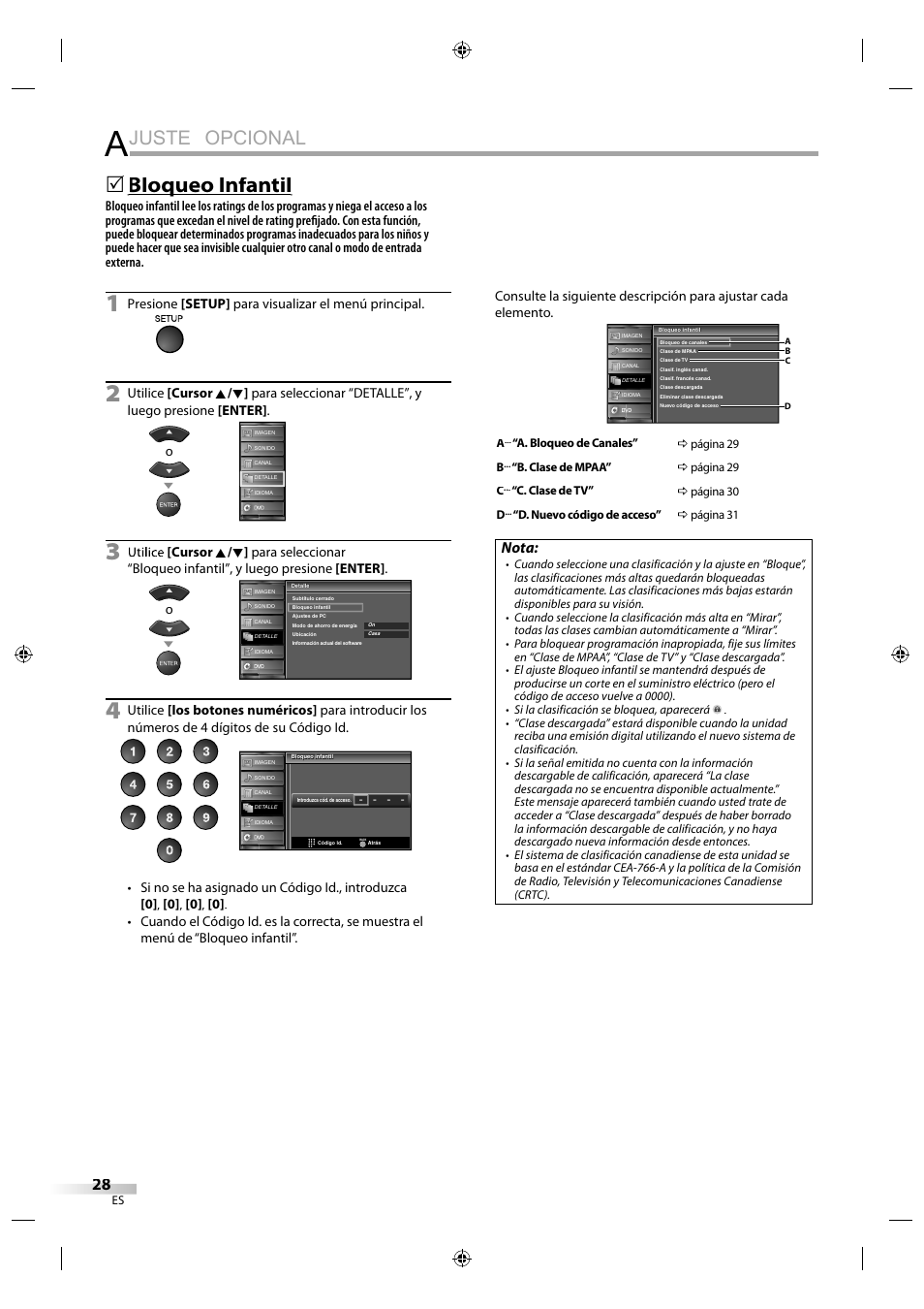 Juste opcional, Bloqueo infantil q, Nota | Sylvania LD320SS1 User Manual | Page 140 / 166