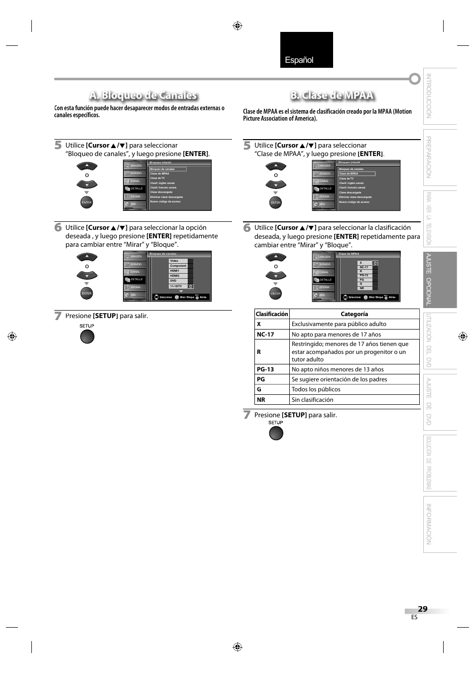 English español français, A. bloqueo de canales, B. clase de mpaa | Presione [setup] para salir | Sylvania LD320SS1 User Manual | Page 141 / 166
