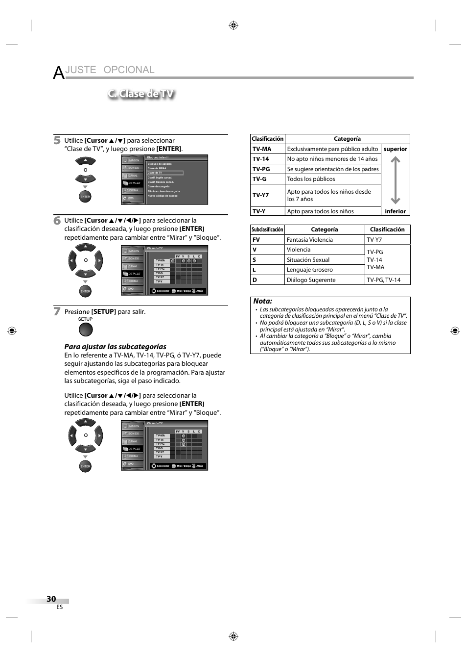 Juste opcional, C. clase de tv, Para ajustar las subcategorías | Nota, Setup] para salir | Sylvania LD320SS1 User Manual | Page 142 / 166