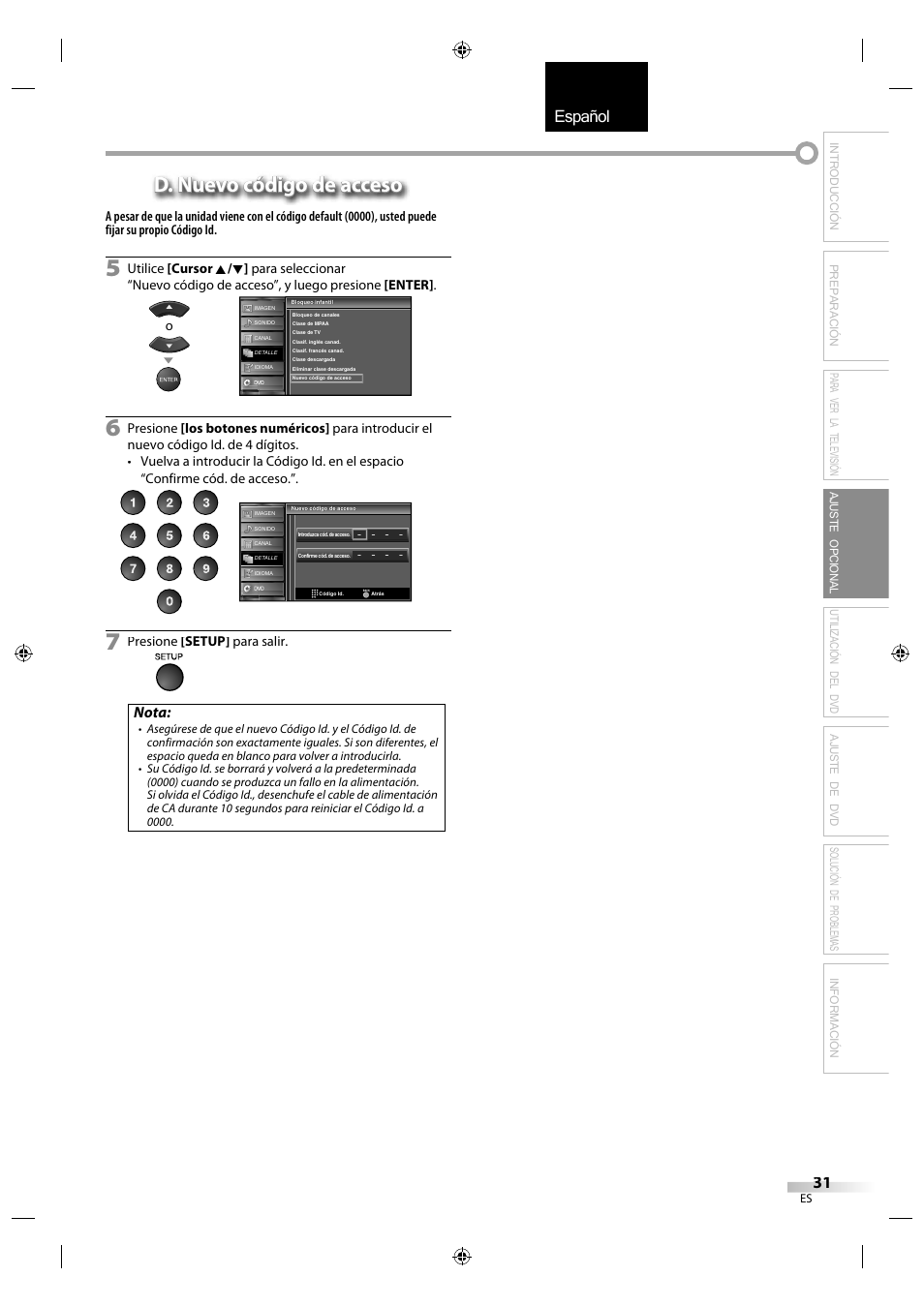 English español français, D. nuevo código de acceso, Nota | Sylvania LD320SS1 User Manual | Page 143 / 166