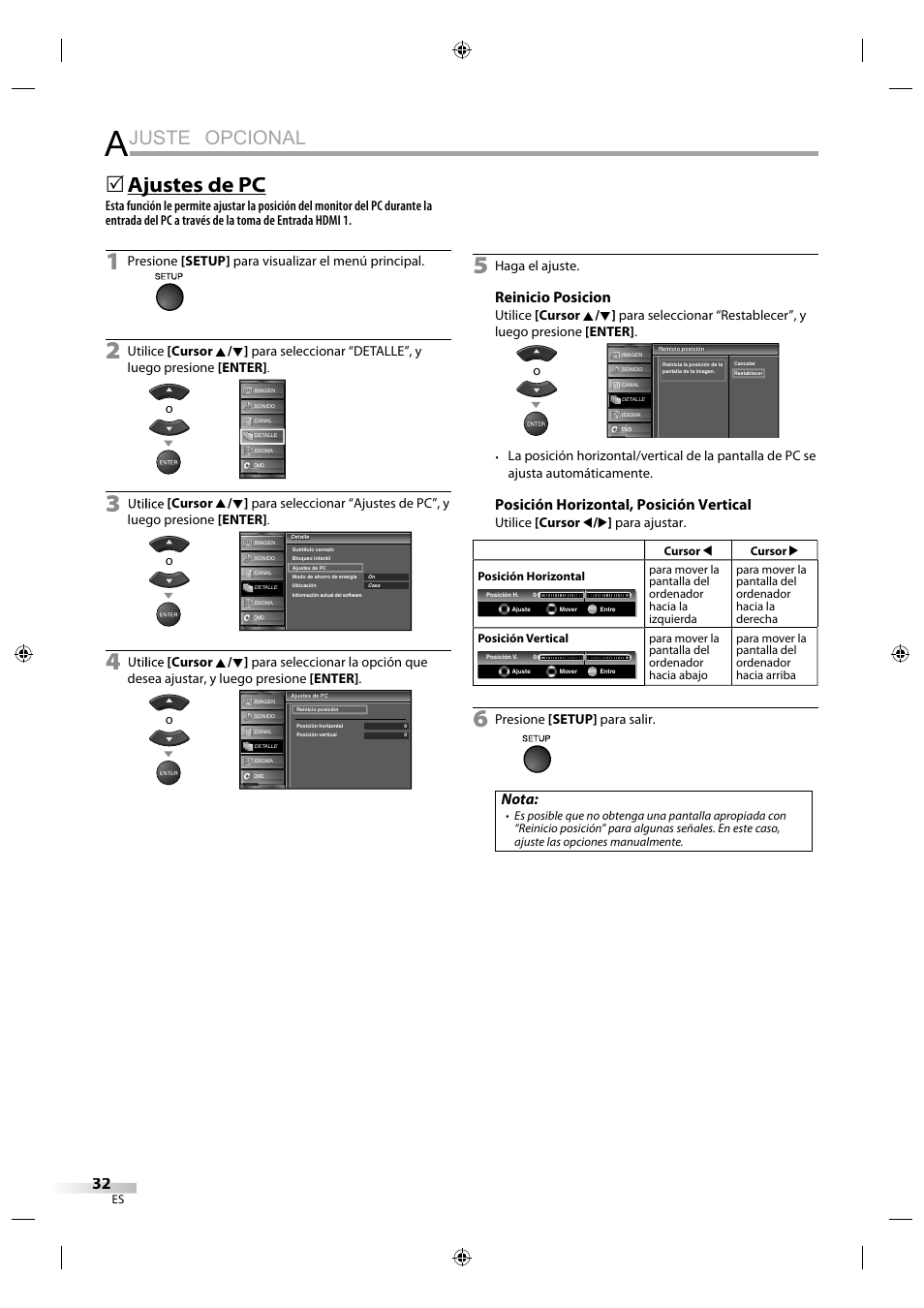 Juste opcional, Ajustes de pc j, Reinicio posicion | Posición horizontal, posición vertical, Nota, Presione [setup] para visualizar el menú principal, Haga el ajuste, Utilice [cursor s / b ] para ajustar, Presione [setup] para salir | Sylvania LD320SS1 User Manual | Page 144 / 166