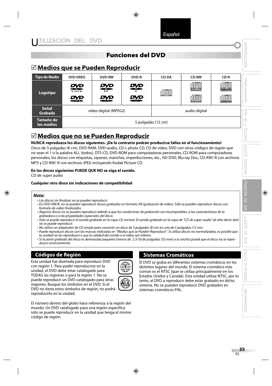 Tilización del dvd, English español français, Medios que se pueden reproducir q p | Medios que no se pueden reproducir q p, Funciones del dvd | Sylvania LD320SS1 User Manual | Page 147 / 166