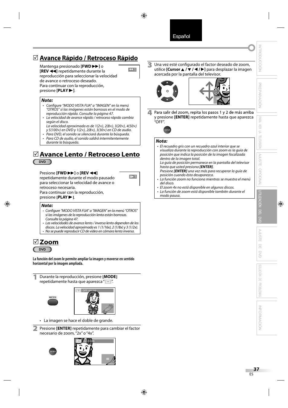 English español français, Avance rápido / retroceso rápido p p, Avance lento / retroceso lento | Zoom | Sylvania LD320SS1 User Manual | Page 149 / 166