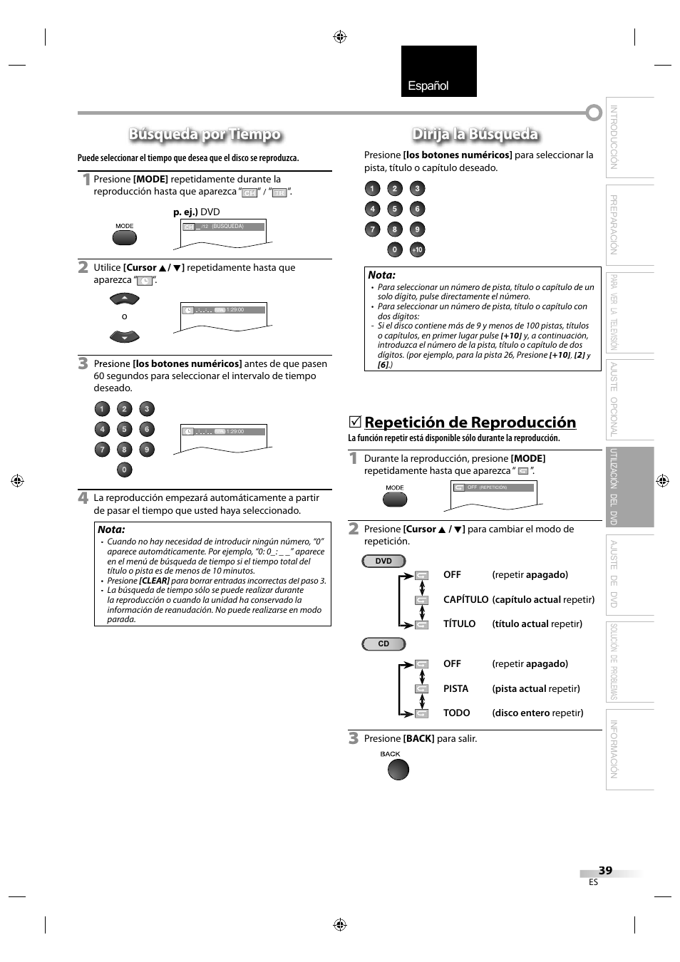 English español français, Búsqueda por tiempo, Dirija la búsqueda | Repetición de reproducción p p | Sylvania LD320SS1 User Manual | Page 151 / 166