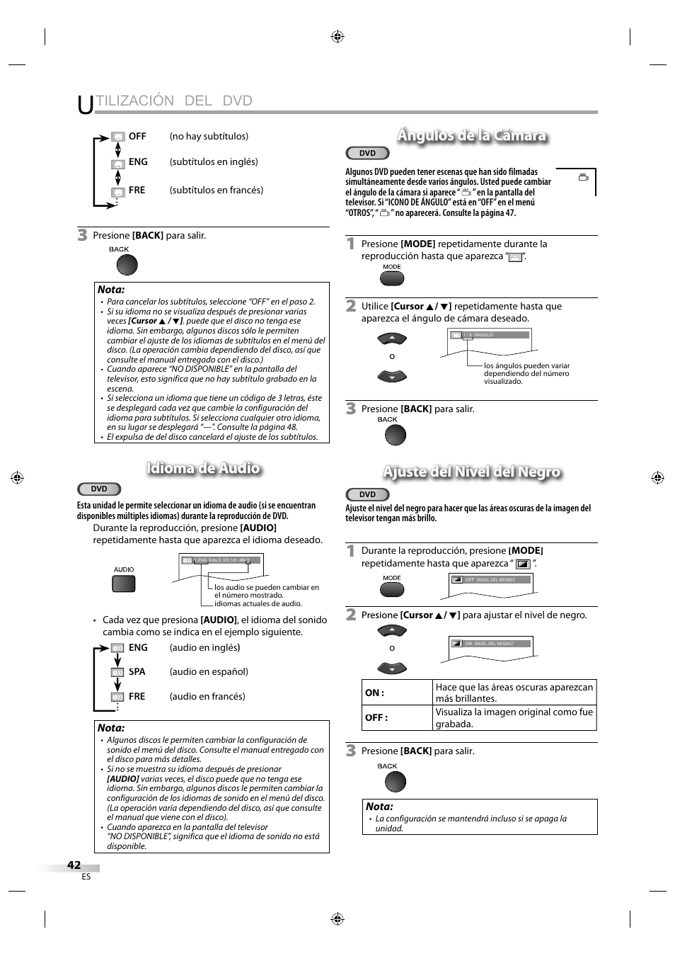 Tilización del dvd, Idioma de audio, Ángulos de la cámara | Ajuste del nivel del negro | Sylvania LD320SS1 User Manual | Page 154 / 166