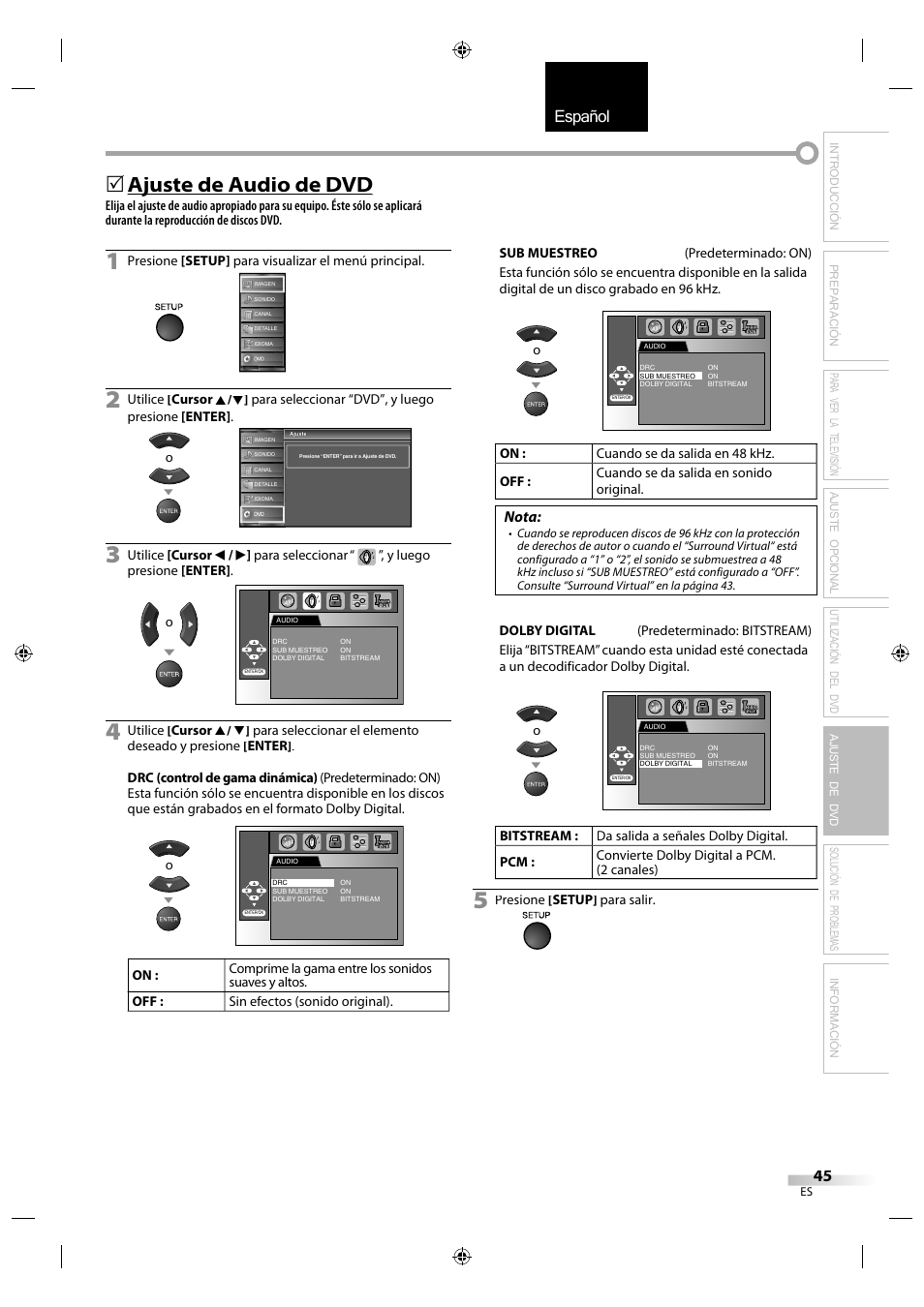 English español français, Ajuste de audio de dvd j, Nota | Sylvania LD320SS1 User Manual | Page 157 / 166