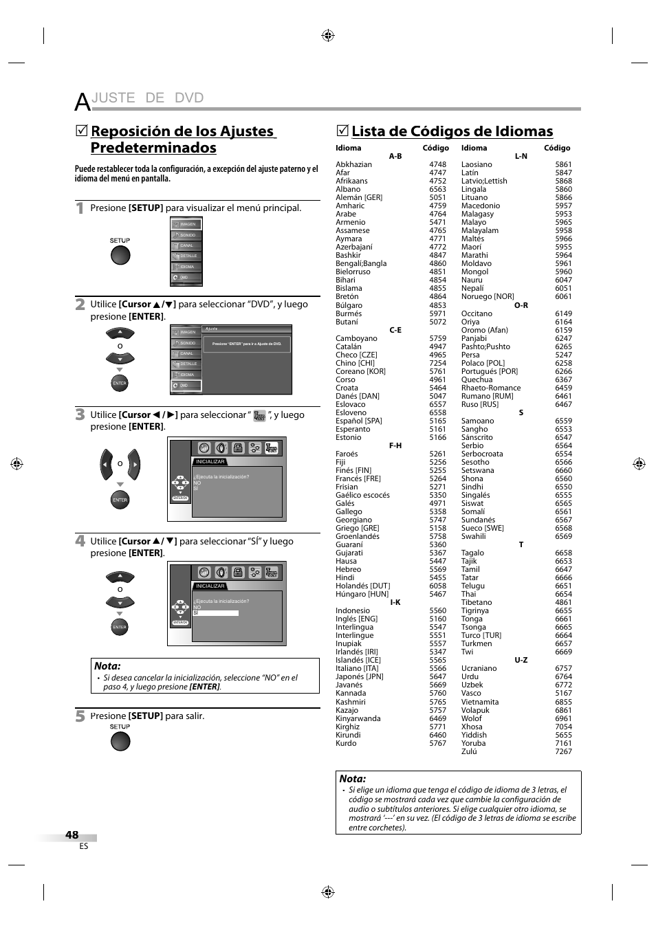 Juste de dvd, Lista de códigos de idiomas g, Reposición de los ajustes p j predeterminados | Nota | Sylvania LD320SS1 User Manual | Page 160 / 166