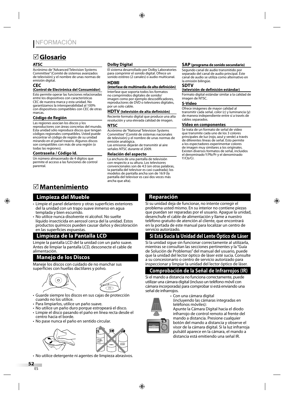 Nformación, Glosario  mantenimiento, Limpieza del mueble | Limpieza de la pantalla lcd, Manejo de los discos, Reparación, Si está sucia la unidad del lente óptico de láser, Comprobación de la señal de infrarrojos (ir) | Sylvania LD320SS1 User Manual | Page 164 / 166