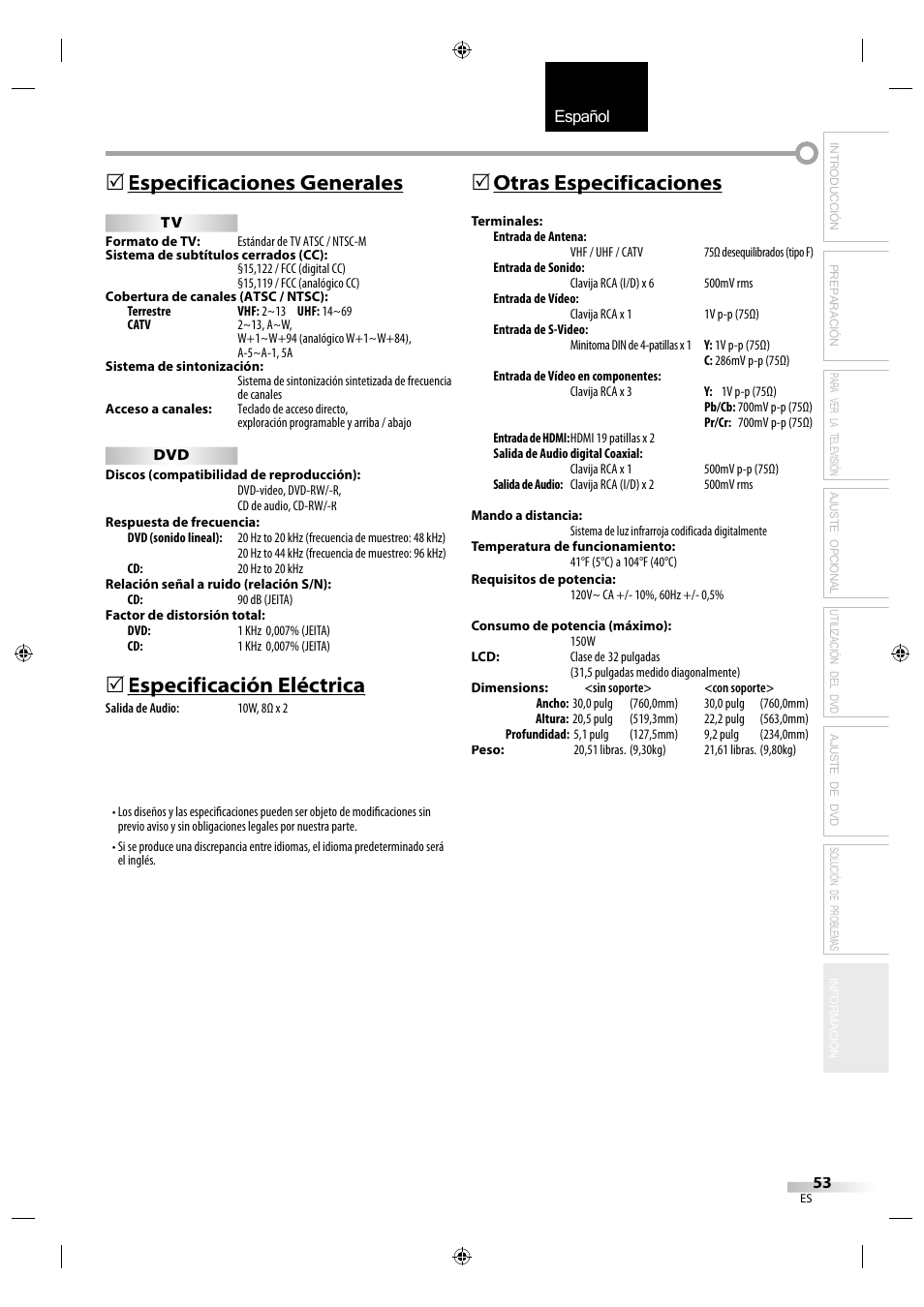 English español français, Especificaciones generales p, Especificación eléctrica p | Otras especificaciones p | Sylvania LD320SS1 User Manual | Page 165 / 166