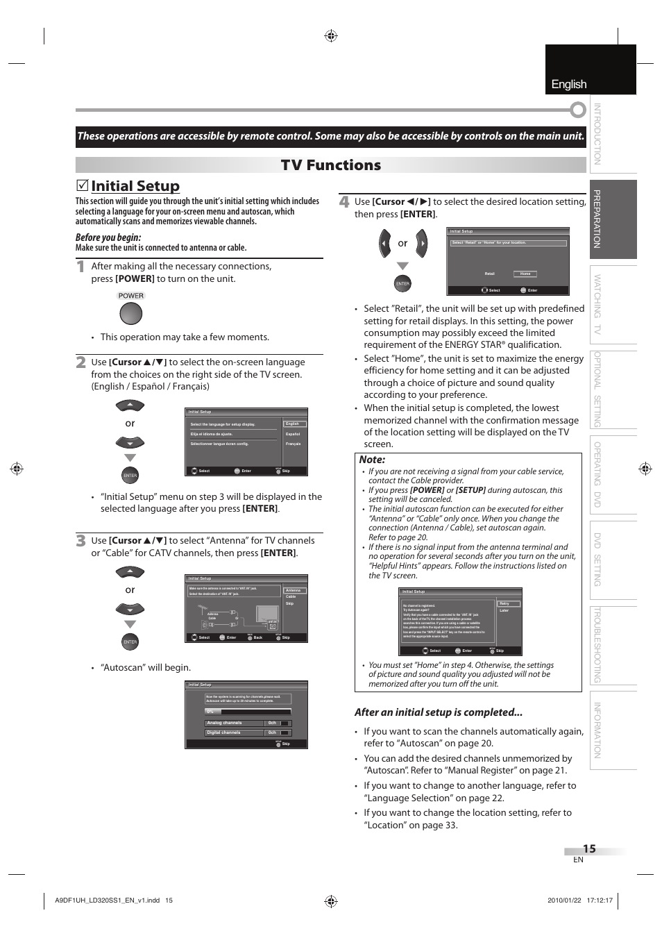 English español français, Initial setup p, Tv functions | Before you begin, After an initial setup is completed | Sylvania LD320SS1 User Manual | Page 17 / 166