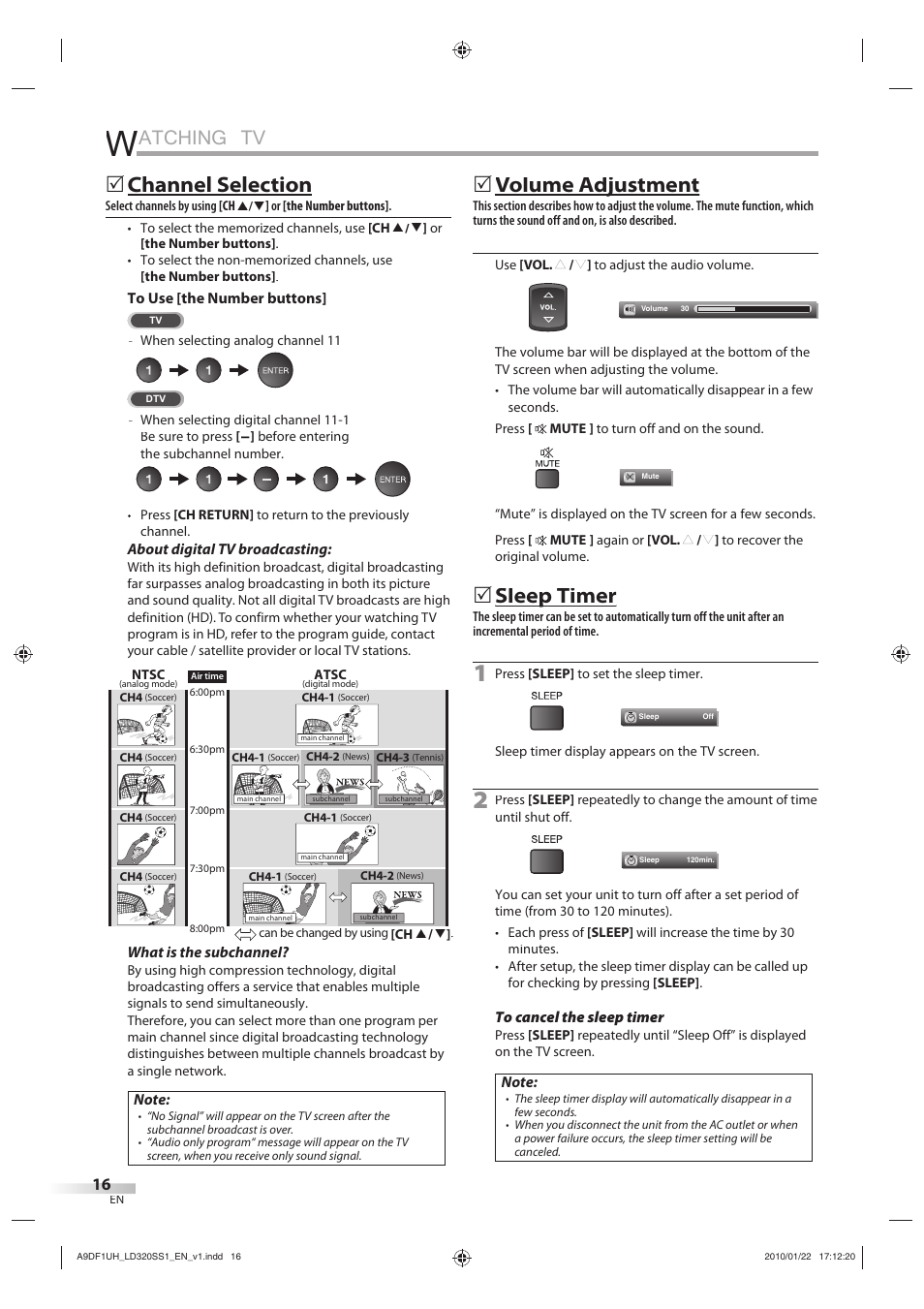 Atching tv, Channel selection, Volume adjustment j | Sleep timer p | Sylvania LD320SS1 User Manual | Page 18 / 166