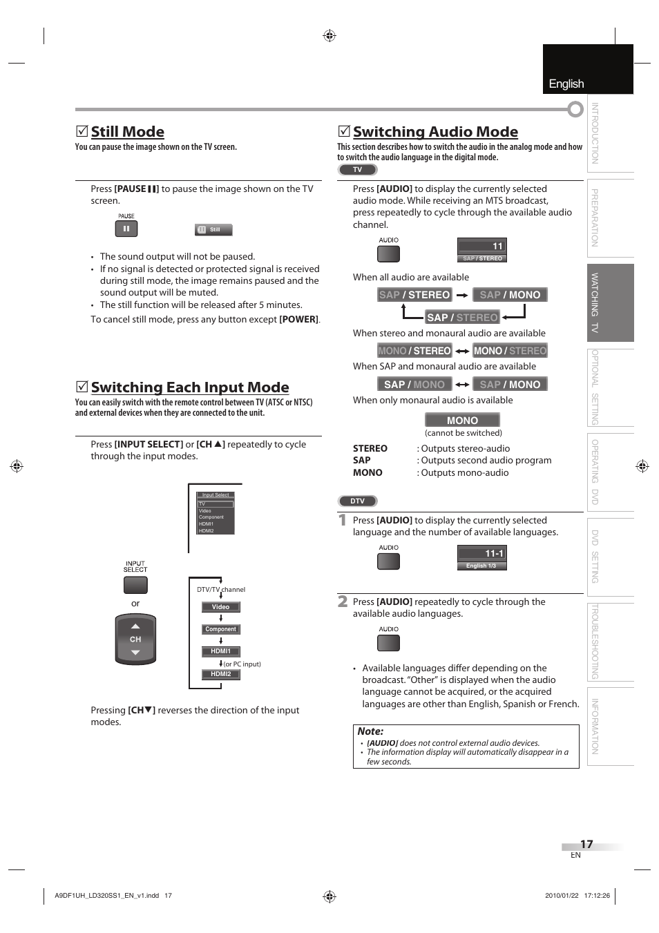 English español français, Still mode, Switching each input mode g p | Switching audio mode g | Sylvania LD320SS1 User Manual | Page 19 / 166