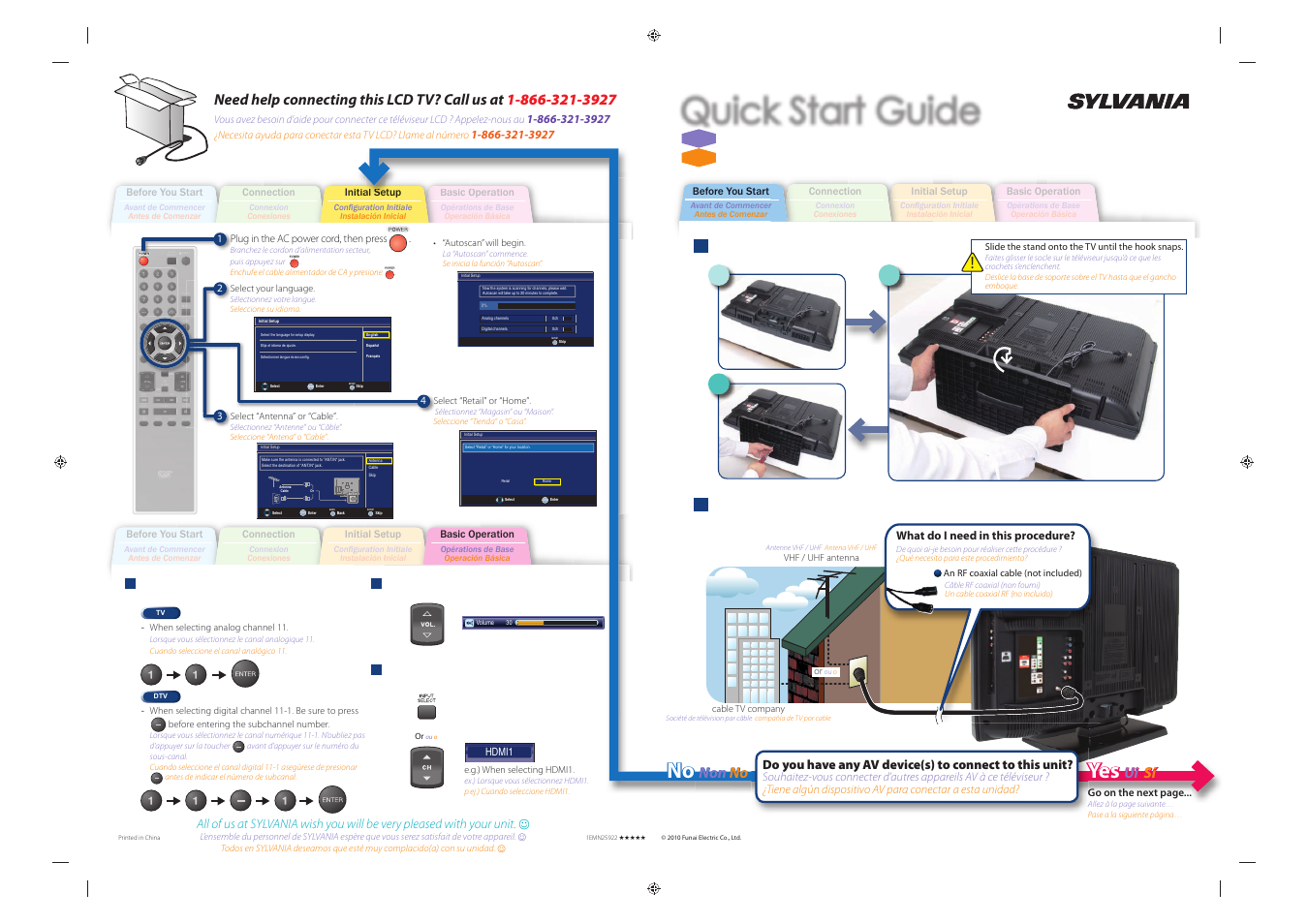 Quick start guide, Guide de démarrage rapide, Guía de inicio rápido | Attaching the stand, Non no no, Ui sí sí 1, Connecting the antenna, Channel selection, Volume adjustment, Switch the input | Sylvania LD320SS1 User Manual | Page 2 / 166