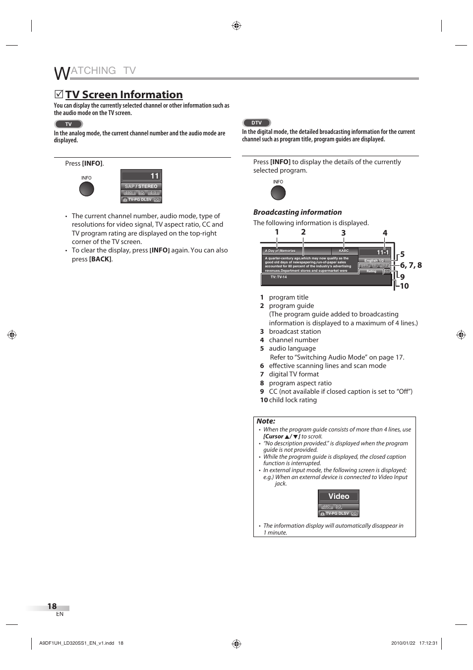 Atching tv, Tv screen information, Broadcasting information | Sylvania LD320SS1 User Manual | Page 20 / 166