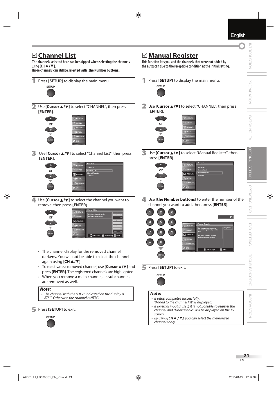 English español français, Channel list, Manual register g | Sylvania LD320SS1 User Manual | Page 23 / 166