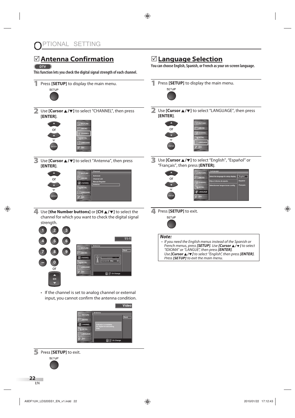 Ptional setting, Antenna confirmation, Language selection g g | Sylvania LD320SS1 User Manual | Page 24 / 166