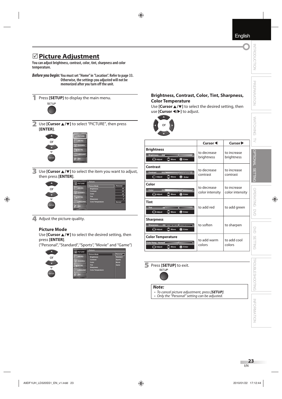 English español français, Picture adjustment j, Before you begin | Picture mode | Sylvania LD320SS1 User Manual | Page 25 / 166
