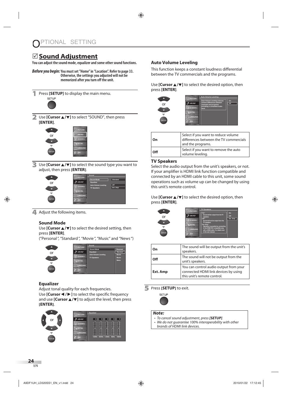 Ptional setting, Sound adjustment j, Before you begin | Sound mode, Equalizer, Auto volume leveling, Tv speakers | Sylvania LD320SS1 User Manual | Page 26 / 166