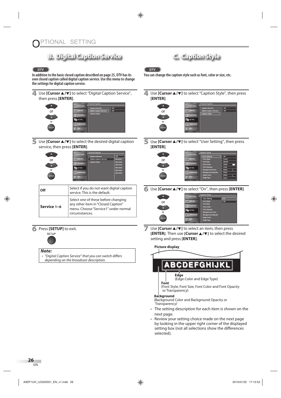 Ptional setting, B. digital caption service, C. caption style | Sylvania LD320SS1 User Manual | Page 28 / 166