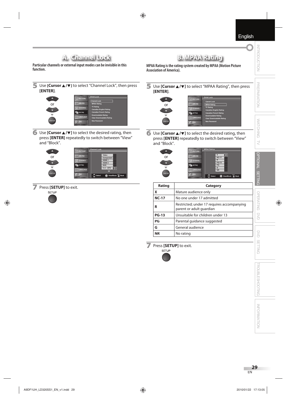 English español français, A. channel lock, B. mpaa rating | Sylvania LD320SS1 User Manual | Page 31 / 166