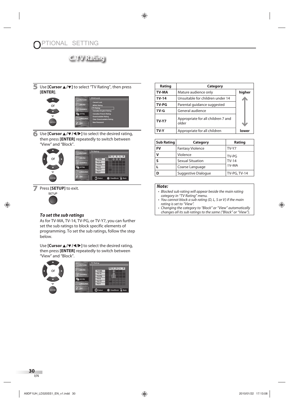 Ptional setting, C. tv rating | Sylvania LD320SS1 User Manual | Page 32 / 166