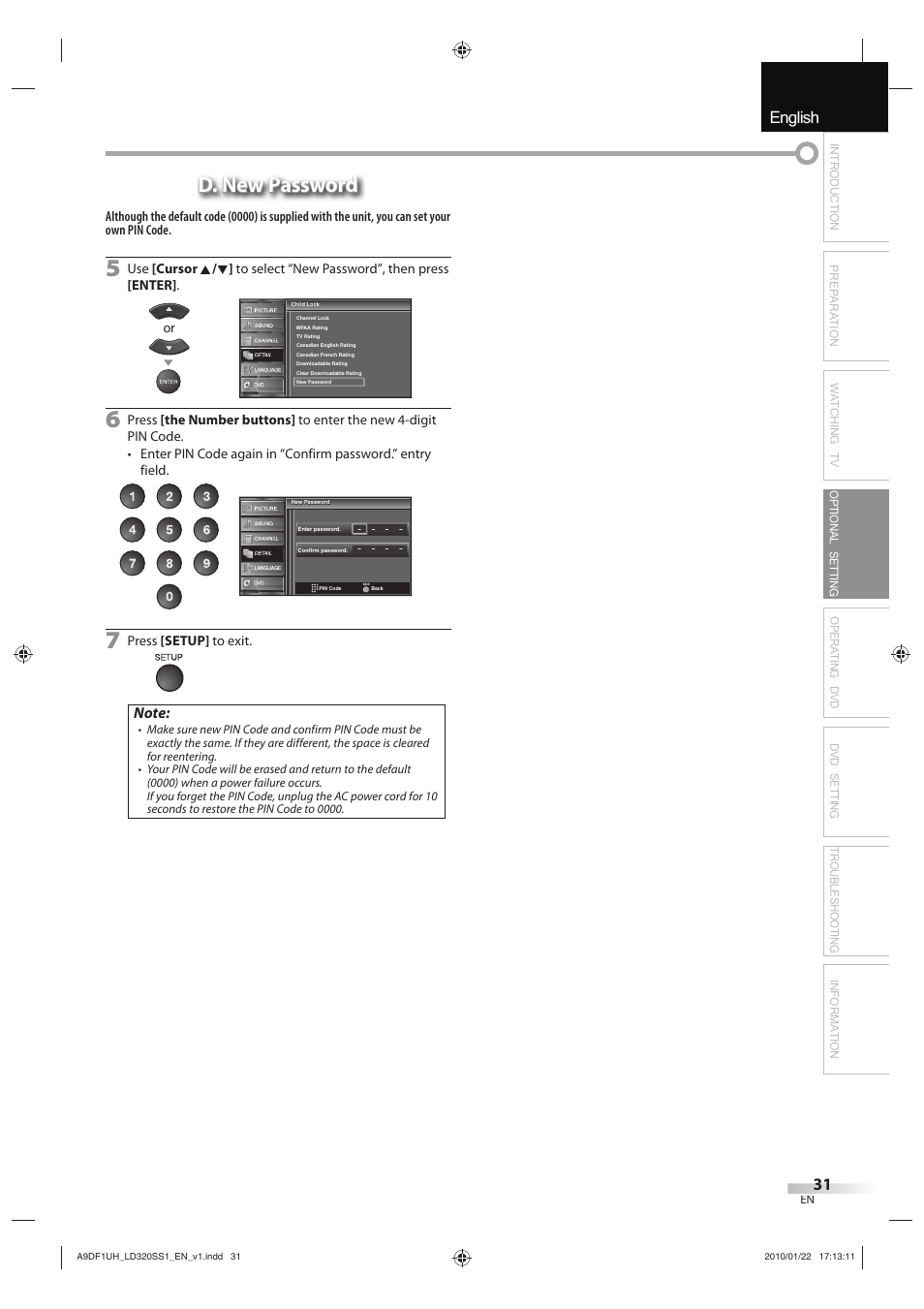 English español français, D. new password | Sylvania LD320SS1 User Manual | Page 33 / 166